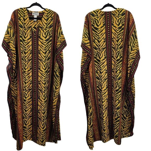 Vintage 80's Dress Kaftan Maxi Damask Gold Tiger Regal Glam Flutter Kimono OS - Picture 1 of 13